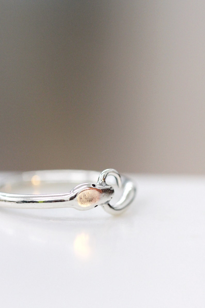 Puede incluir: Un anillo de serpiente de plata con una cabeza detallada y un acabado liso y pulido.