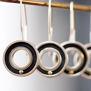Sterling Silver Round Dangle Earrings / Handmade Kinetic Earrings / Small Fun Track Hoops / Chunky Circle image 5