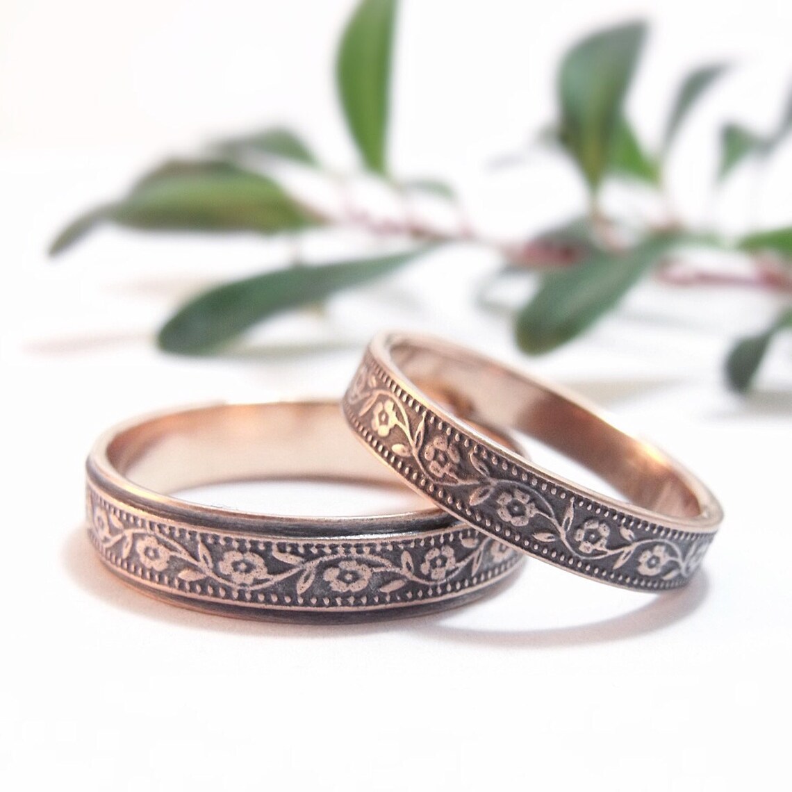 Womens Wedding Band Set Petunia Wedding Ring Set 14k Gold Etsy