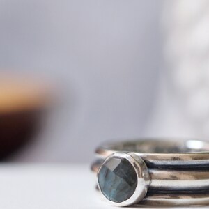 May include: Close-up of a silver ring featuring a faceted, round, blue-grey gemstone. The ring has a textured band with three parallel lines. The background is blurred, with soft neutral tones.
