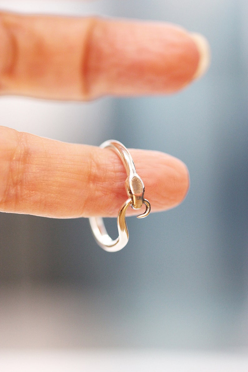 Puede incluir: Un anillo de serpiente de plata con una cabeza detallada y una cola enroscada. El anillo se lleva en un dedo.