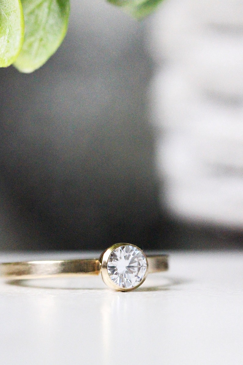Diamond Engagement Solitaire Ring, Round Diamond Ring, Modern Engagement 14k Yellow Gold Ring, Engagement Band, Conflict Free Moissanite image 2