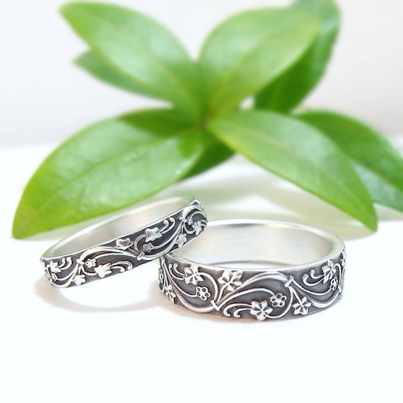 Silver Wedding Band Set Wedding Rings Silver Wedding Ring Mens Etsy