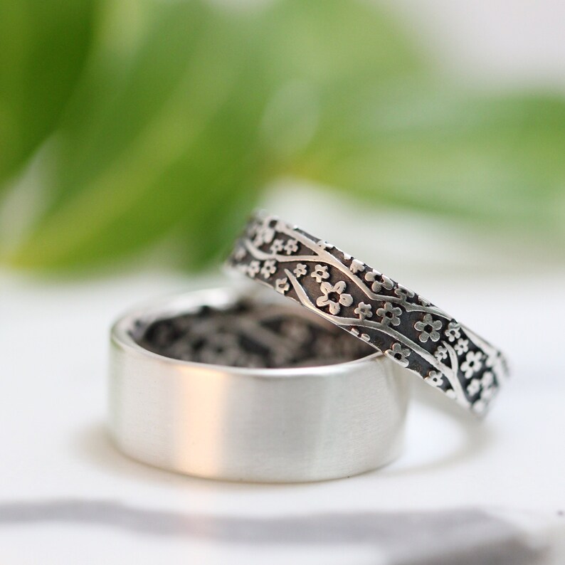 Womens Wedding Ring Set Womens Wedding Band Set Cherry Blossom Silver Wedding Band Sterling Silver Mens Wedding Band Womens Wedding Ring