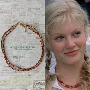 mermaid coral necklace, inspired by H2O | red & gold with green accents | double strand, adjustable length