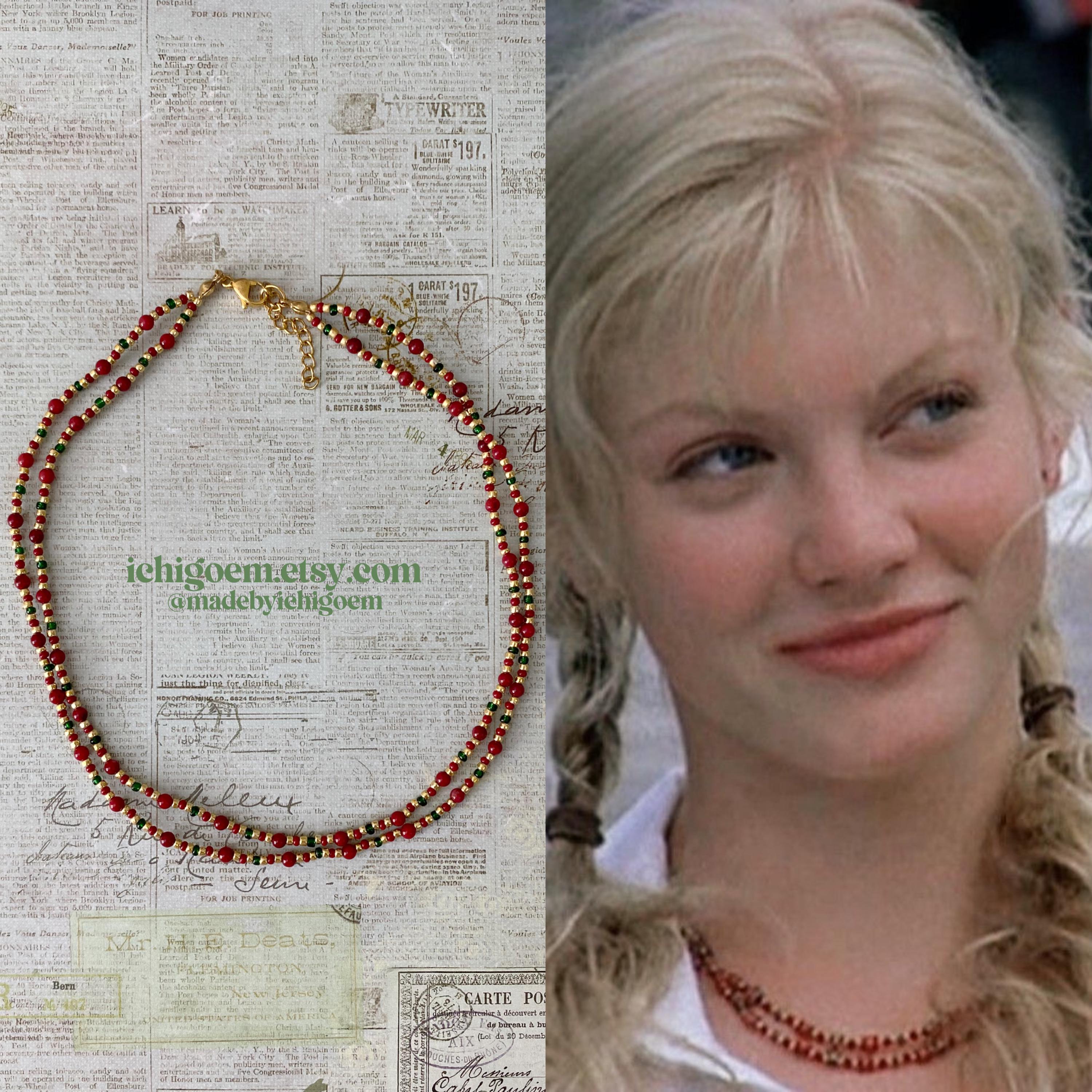 mermaid coral necklace, inspired by H2O | red & gold with green accents | double strand, adjustable length