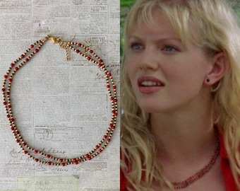 mermaid coral necklace, inspired by H2O | red & gold with green accents | double strand, adjustable length