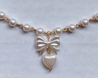 bow & heart pearl necklace | 18k gold-plated OR unplated stainless steel | wire-linked faux pearls with coquette charm