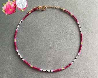 dragon fruit beaded necklace | tropical-inspired choker with pink, green, white, & black seed beads