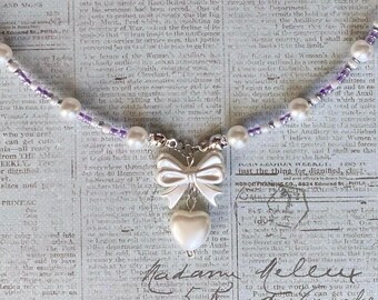 lavender bow & heart necklace | faux pearls with purple, white, and gold/silver beads | 18k gold-plated OR unplated stainless steel hardware