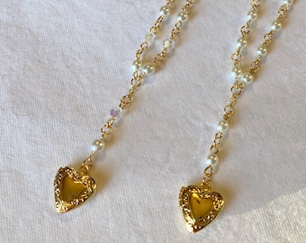 dainty heart locket necklace, gold | pearl rosary chain | glass pearls, tarnish resistant wire, 18k gold-plated stainless steel
