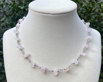 handmade rose quartz fairy necklace | silver wire-wrapped chain, tarnish-resistant | stainless steel hardware