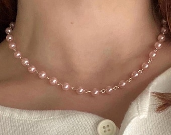 dainty pink pearl necklace | 18k gold-plated OR unplated stainless steel | wire-linked faux pearls on tarnish-resistant wire