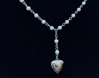 dainty heart locket necklace, silver | pearl rosary chain | glass pearls, tarnish resistant wire, stainless steel