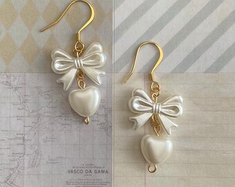 bow & heart pearl earrings | gold or silver (18k gold-plated/unplated stainless steel) | dainty faux pearl charms