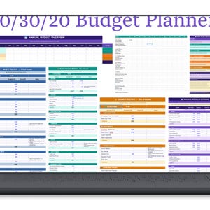 May include: A laptop displaying a 50/30/20 Budget Planner spreadsheet. The screen shows a detailed financial planning template with sections for income, expenses, and savings. The text "50/30/20 Budget Planner" is at the top.