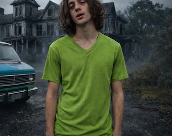 Fantasia de detetive misterioso Stoner, camisa verde com decote em V, felpuda