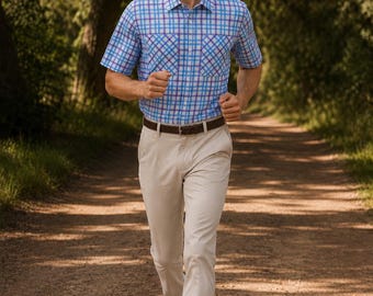 Running Short Sleeve Button Tartan Plaid Men's Retro Shirt Costume