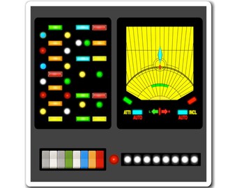May include: A sticker featuring a retro-style control panel design. The panel is primarily gray with two main sections: one with colored lights and the other with a yellow gauge. The bottom has colored buttons and a red button.