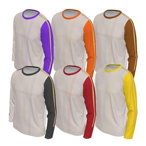 May include: Six long-sleeved shirts in various colours. Each shirt has a cream-coloured body with a coloured sleeve and trim. The sleeves are purple, orange, brown, black, red, and yellow. Each shirt has a grid pattern.