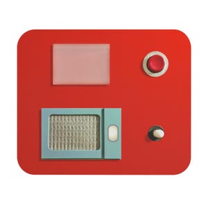 May include: A red control panel with a blue and white screen, a red button, and a white knob. The screen has a textured surface.