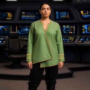 Costume d'uniforme Starfleet vert effet châle pour capitaine de vaisseau spatial féminin