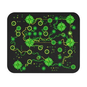 May include: Black rectangular mousepad featuring a neon green and yellow abstract design. The design includes crosshair targets, circles, and interconnected lines, creating a futuristic or tech-inspired aesthetic.