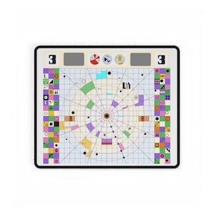 May include: Rectangular mousepad with a black border featuring a colorful geometric design. The design includes a central circular pattern with radiating lines, surrounded by various shapes, numbers, and symbols in a grid-like layout. The corners display the number "3".