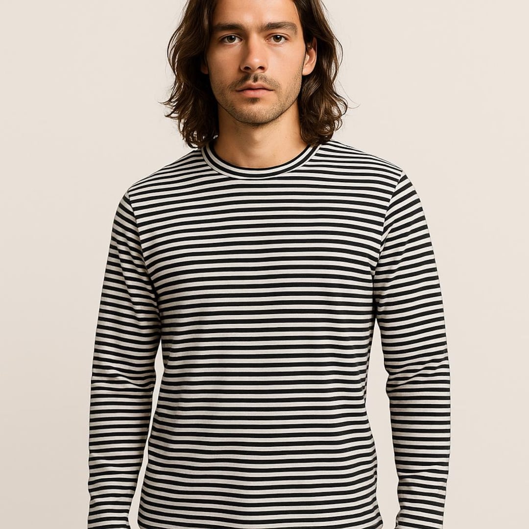 Cobain Inspired Black and White Pin Striped Long Sleeved Shirt Costume, image size:1080x1080