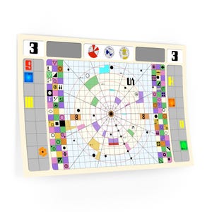 以下が含まれることがあります： 複雑な幾何学模様の長方形のボードゲーム。ボードは、さまざまな形、色、記号のグリッドパターンが特徴です。エッジには番号付きのセクションと小さな円形のダイヤルがあります。カラーパレットには、ベージュ、グレー、ブルー、グリーン、パープルが含まれています。