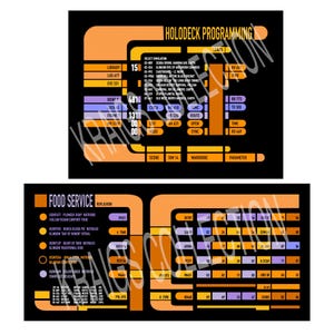 May include: A black and orange Star Trek themed control panel with a screen displaying "HOLODECK PROGRAMMING" and "FOOD SERVICE REPLICATOR". The panel has a variety of buttons and displays with numbers and text.