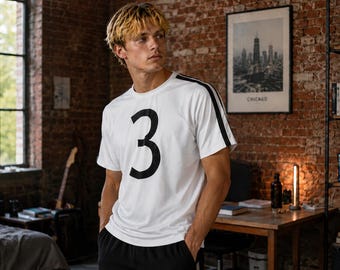 White Shirt With The Number 3 In Black With Black Arm Stripes Todd Costume