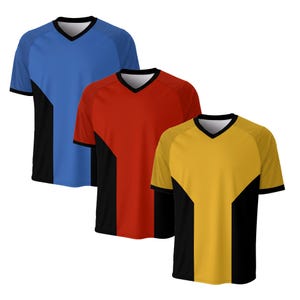May include: Three athletic shirts in blue, red, and yellow, each with a black V-neck collar and side panels. The shirts have short sleeves and a textured pattern on the shoulders.