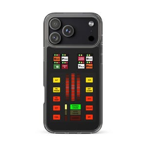 May include: Black phone case with a graphic of a car dashboard. The dashboard design features various gauges, lights, and text, including "NORMAL CRUISE" and "RADAR". The case has a clear border and covers the phone's camera.