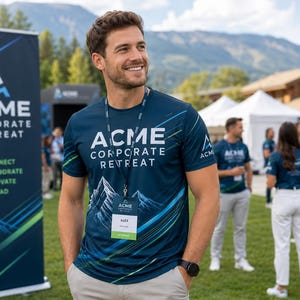 May include: A man wearing a navy blue t-shirt with the text "ACME CORPORATE RETREAT" and a mountain graphic. The shirt has a white logo and teal accents. Other people are wearing similar shirts. A banner with the same logo is in the background.