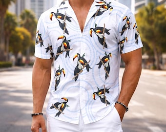 Durden Toucan Men's Hawaiian Shirt Costume Fight - White Shirt with Toucans