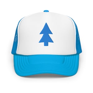 May include: A blue and white trucker hat featuring a blue pine tree emblem on the front. The hat has a white front panel with a blue tree, a blue brim, and a blue mesh back.