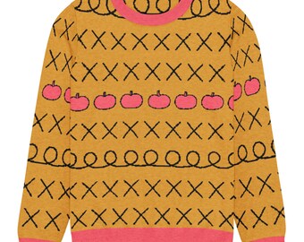 Alcoholic Horse Costume Knitted Crew Neck Sweater Pink and Orange with Apples and Xs