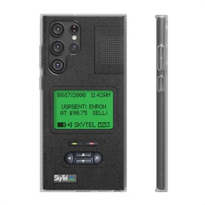 May include: A clear phone case with a black and green screen displaying a message that reads "08/17/2000 11:42AM UGRGENT! ENRON AT $90.75 SELL! SKYTEL 3". The case has a black textured surface and the SkyTel logo is visible at the bottom.