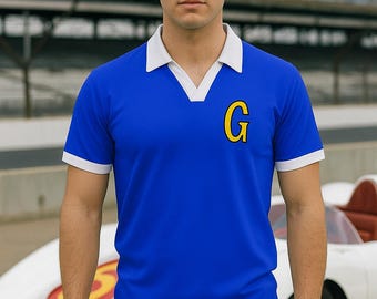 Blue Polo Shirt With White Collar and Accents Featuring an Animated Speed G on Chest Costume Racer Uniform