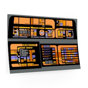 May include: A print featuring a Star Trek-themed control panel design. The artwork showcases a black background with orange, yellow, and purple graphic elements. The text includes "HOLODECK PROGRAMMING" and "FOOD SERVICE".