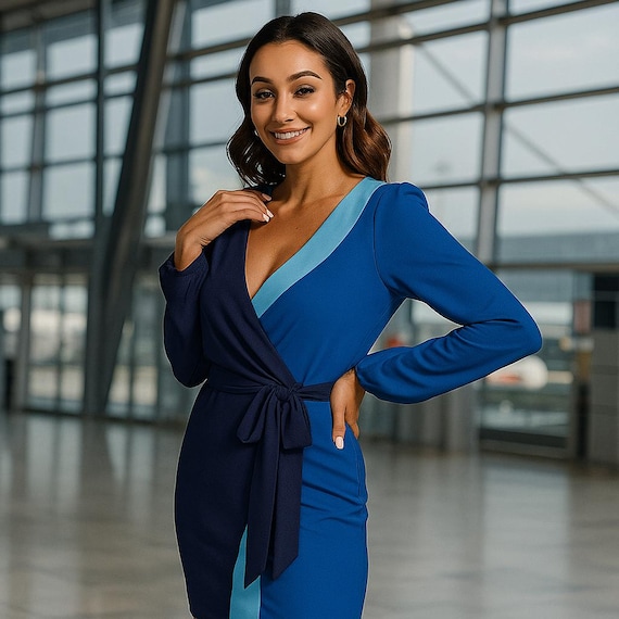 Flight Attendant Costume Uniform Long Sleeve Dress With Waist Belt