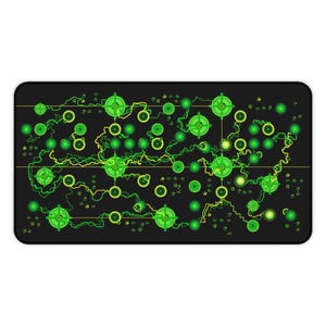 May include: Black rectangular mousepad featuring a neon green and yellow abstract design. The design includes interconnected circles, crosshairs, and winding lines, creating a futuristic, tech-inspired aesthetic. The mousepad has rounded corners.
