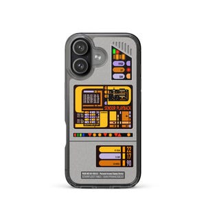 May include: A smartphone case with a retro-futuristic design, featuring a gray background and panels in yellow, orange, and purple. The case has text that reads "SENSOR PLAYBACK" and other technical details. The case is designed to fit a smartphone.