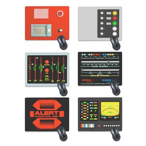 Könnte beinhalten: Sechs Bedienfelder im Retro-Stil mit verschiedenen Anzeigen, Knöpfen und Lichtern. Die Paneele sind rot, grau und schwarz, mit Details in Grün, Gelb und Orange. Jedes Panel hat eine Computermaus darunter, was auf eine digitale Schnittstelle hindeutet.