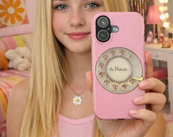 Funda delgada para iPhone con esfera giratoria y diseño de princesa rosa retro - 17, 16, 15, 14 y 13 Pro Max Mini