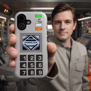 Può includere: Una custodia per telefono grigio chiaro dal design retrò, con uno schermo che dice "COMMLOCK" e una tastiera numerica da 1 a 9. La custodia ha una serie di luci e pulsanti colorati nella parte superiore. La custodia del telefono è tenuta davanti a una persona.