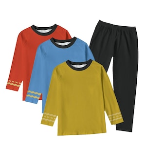 May include: Three long-sleeved shirts in red, blue, and yellow, with black trim and gold sleeve accents. A pair of black trousers completes the set. The shirts have a crew neck design. This is a pajama set.