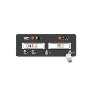 May include: A black digital timer with red indicator lights displays the time as 00:14:51. The timer has buttons labeled "HRS", "MIN", and "SEC", along with other control buttons. A white computer mouse is next to the timer.