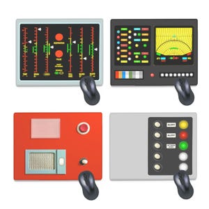 Può includere: Quattro pannelli di controllo con mouse per computer collegati. I pannelli sono in vari colori, tra cui rosso, nero e grigio. Ogni pannello visualizza diversi indicatori, luci e testo, come "ALERT" e "JETISON POD".